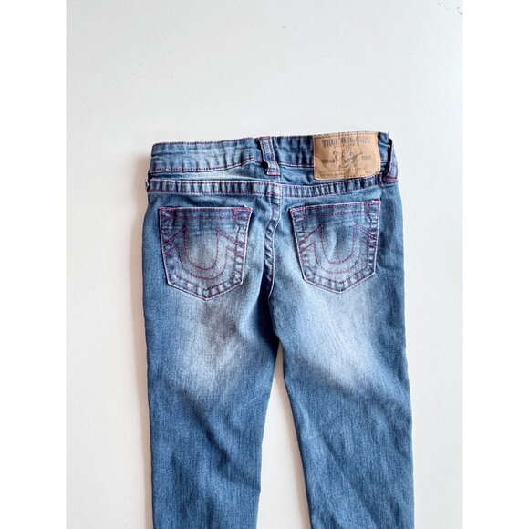 Girls' TRUE RELIGION Floral Patch Medium Dark Rinse Skinny Jeans, Size 6X - Picture 7 of 16